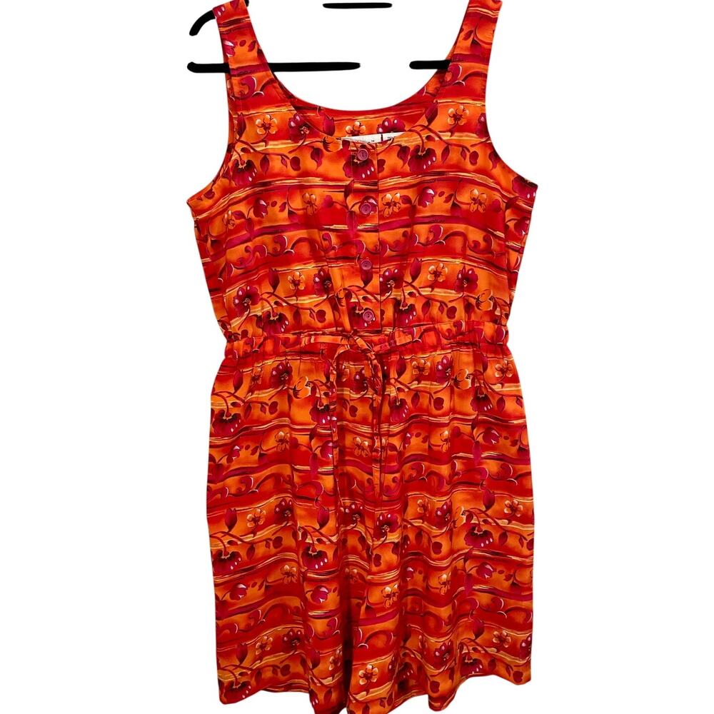 Vintage 90s Floral Shorts Romper Button-Up Tank Red Orange Size 10 Kathie Lee